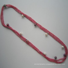 Dark Pink Tone Gemstone Triple-Row Charm Necklace
